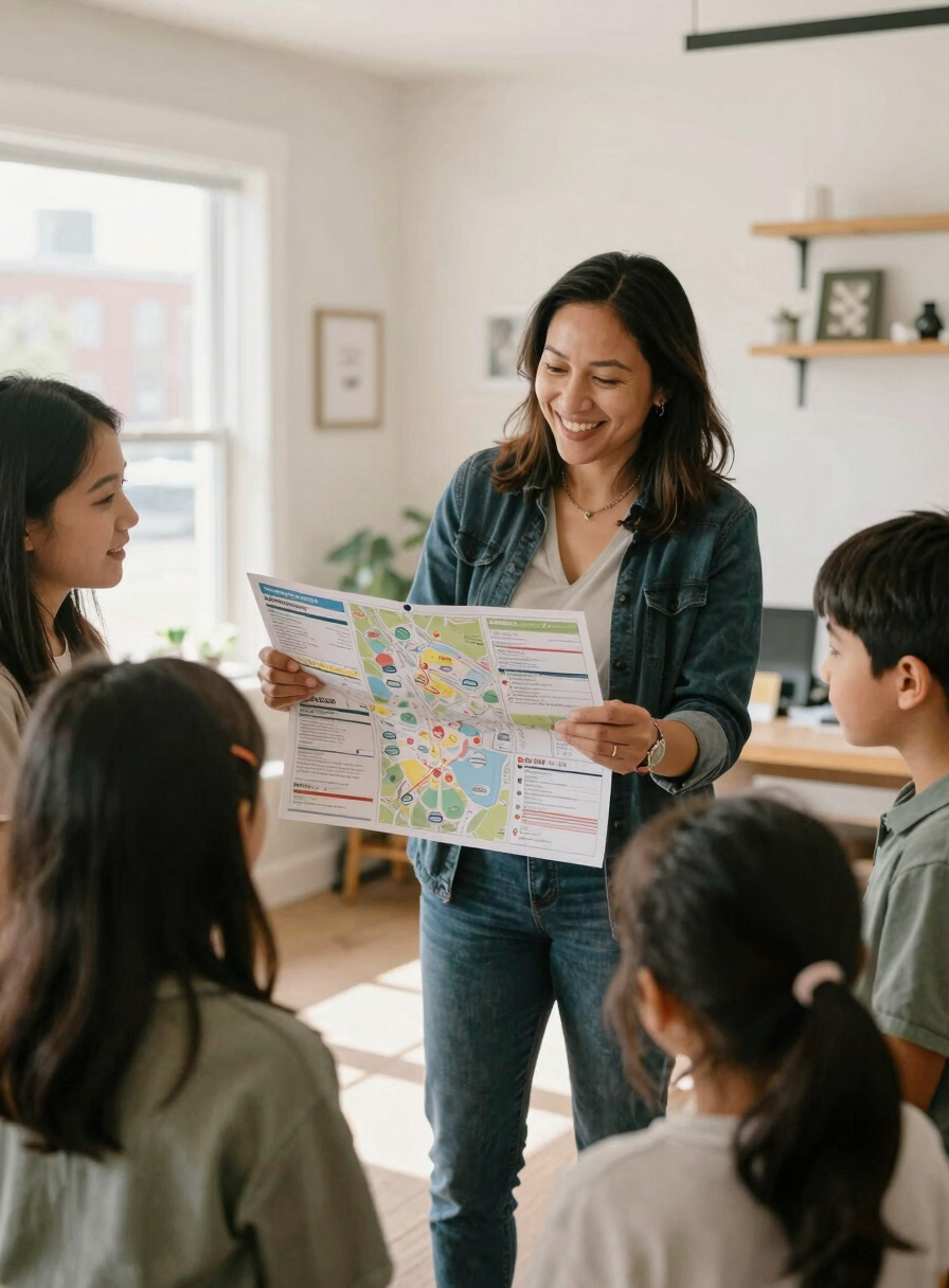 Warm natural light photo of a friendly settlement advisor showing neighborhood maps and transit guides to a newcomer family in a bright Toronto community space